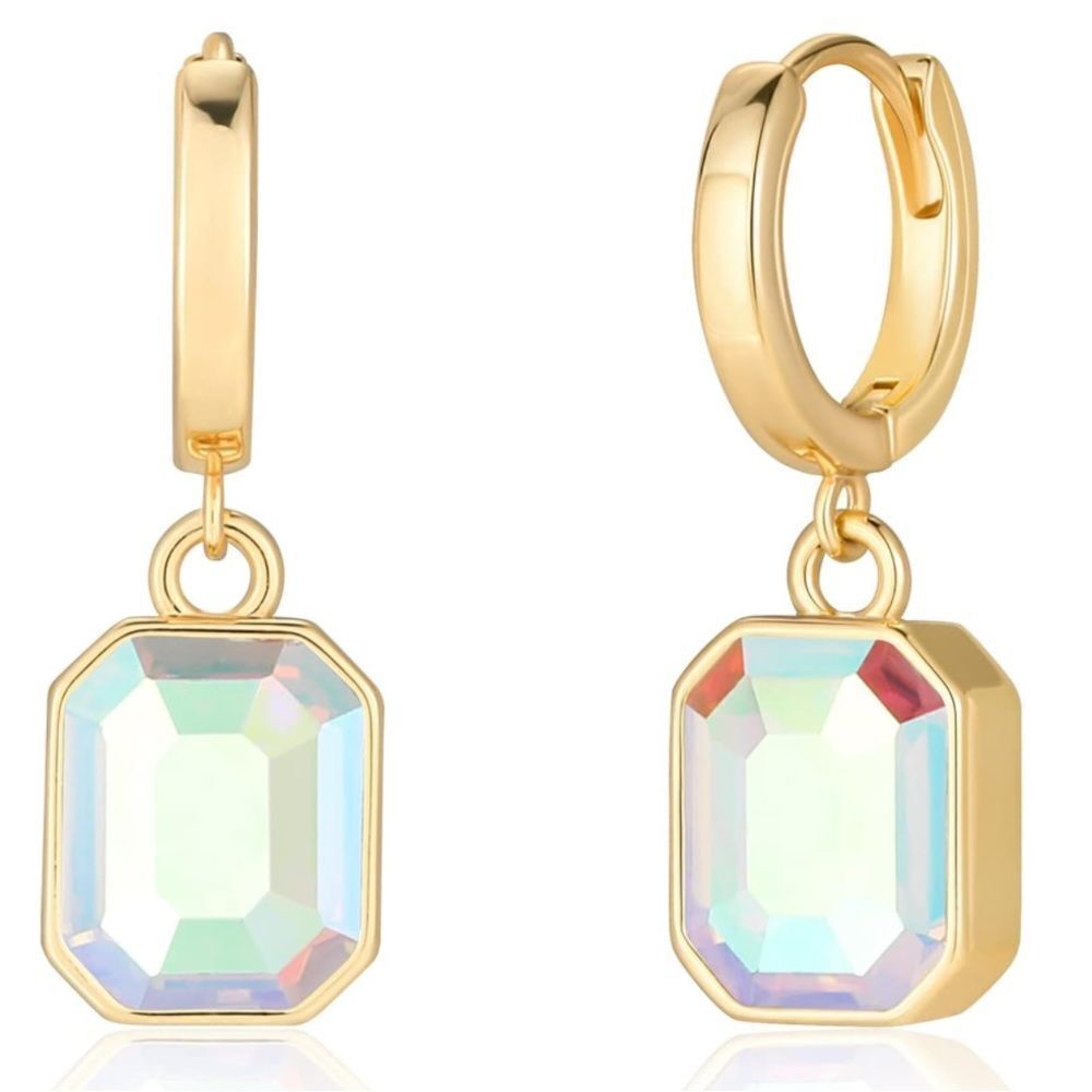 18K Yellow Gold with Aurora Borealis Crystal Dangling Octagon Huggie Earrings